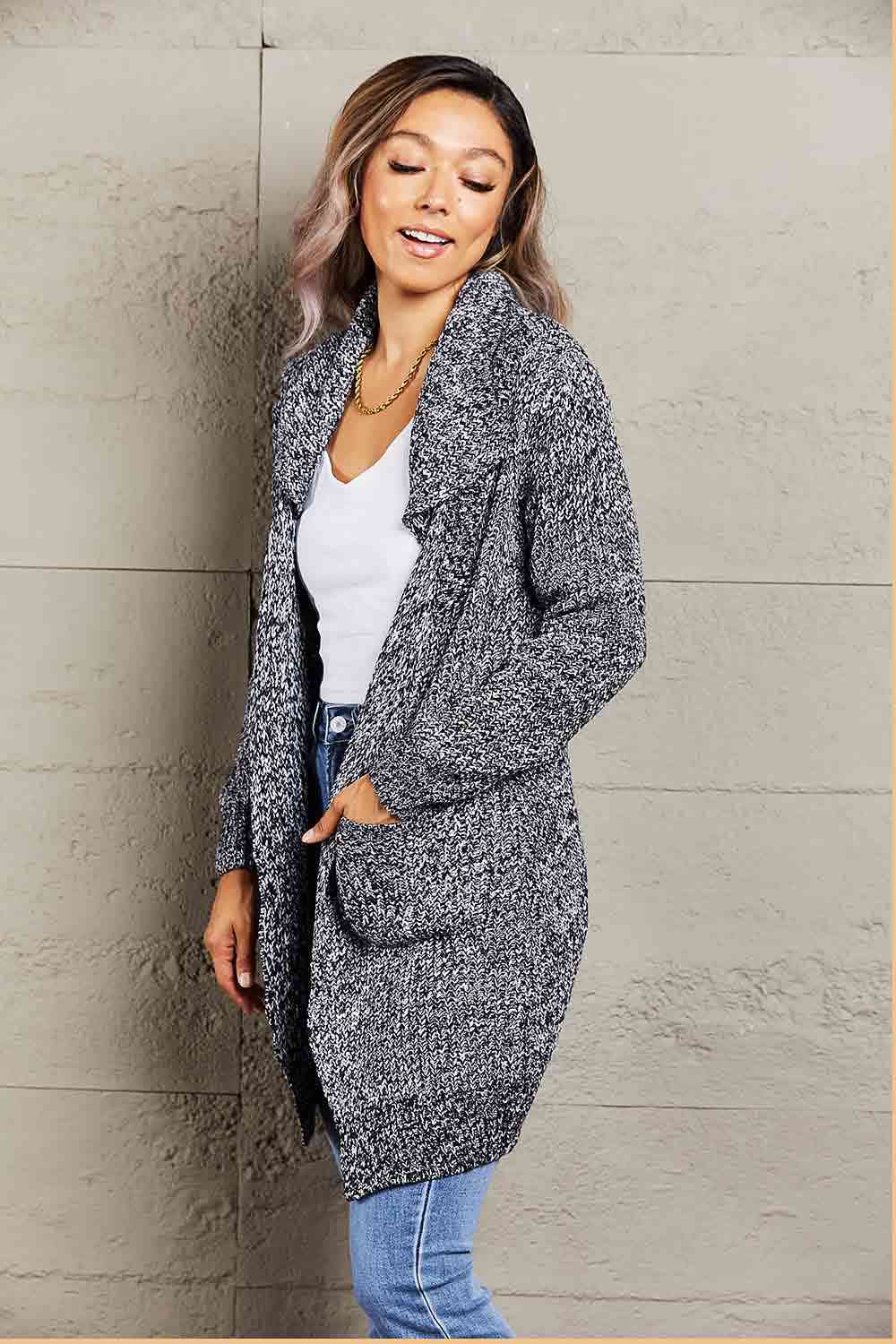 Woven Right Heathered Open Front Longline Cardigan with Pockets