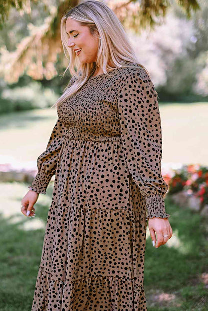 Robe Smockée à Volants et Imprimé Animal de Grande Taille