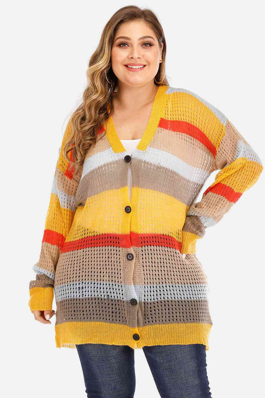 Cardigan ajouré boutonné à blocs de couleurs Plus