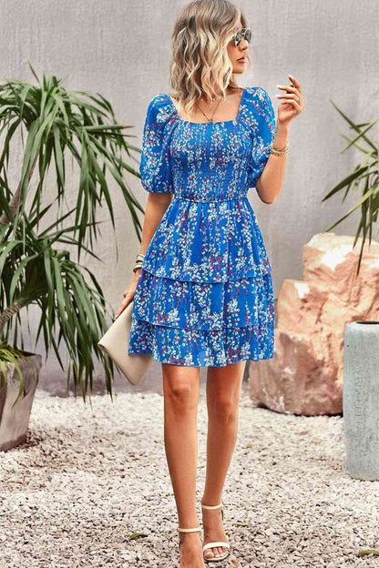 Smocked Square Neck Balloon Sleeve Mini Dress