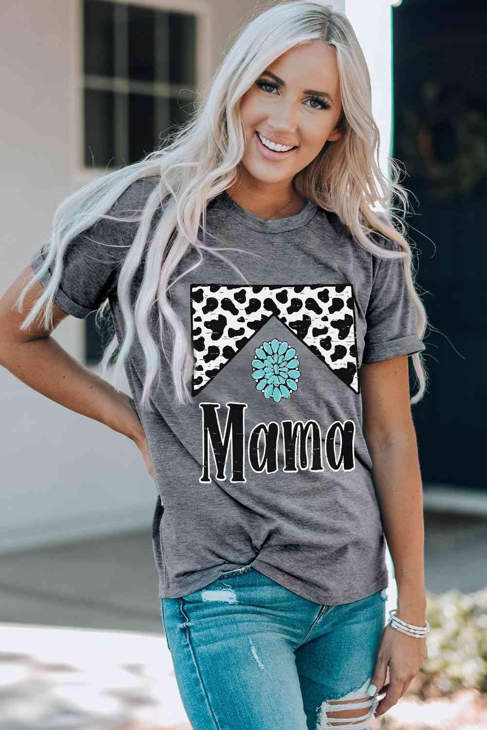 Camiseta con cuello redondo y manga con puños y gráfico MAMA