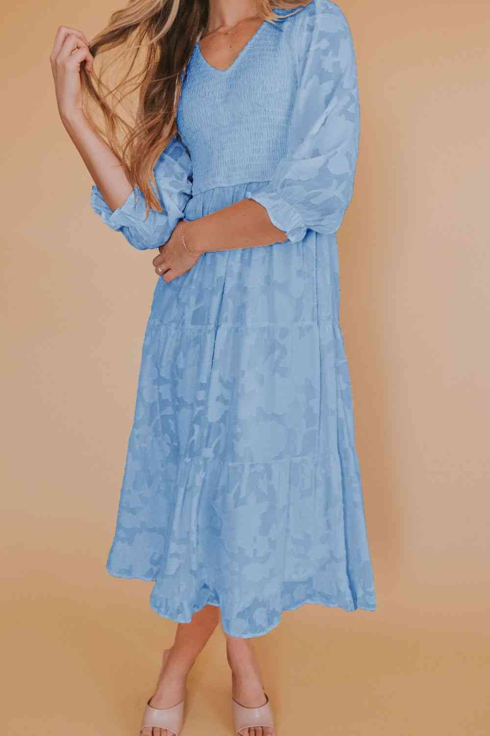 Smocked V-Neck Flounce Sleeve Dress