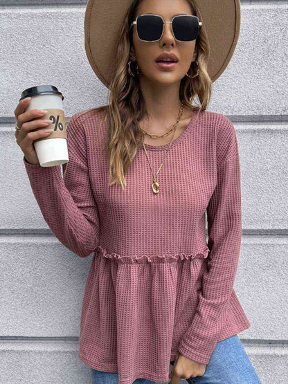 Waffle-Knit Long Sleeve Peplum Blouse