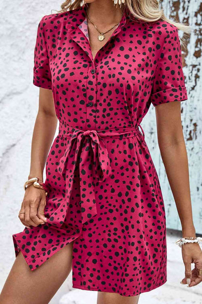 Robe à pois avec ceinture à nouer et manches courtes