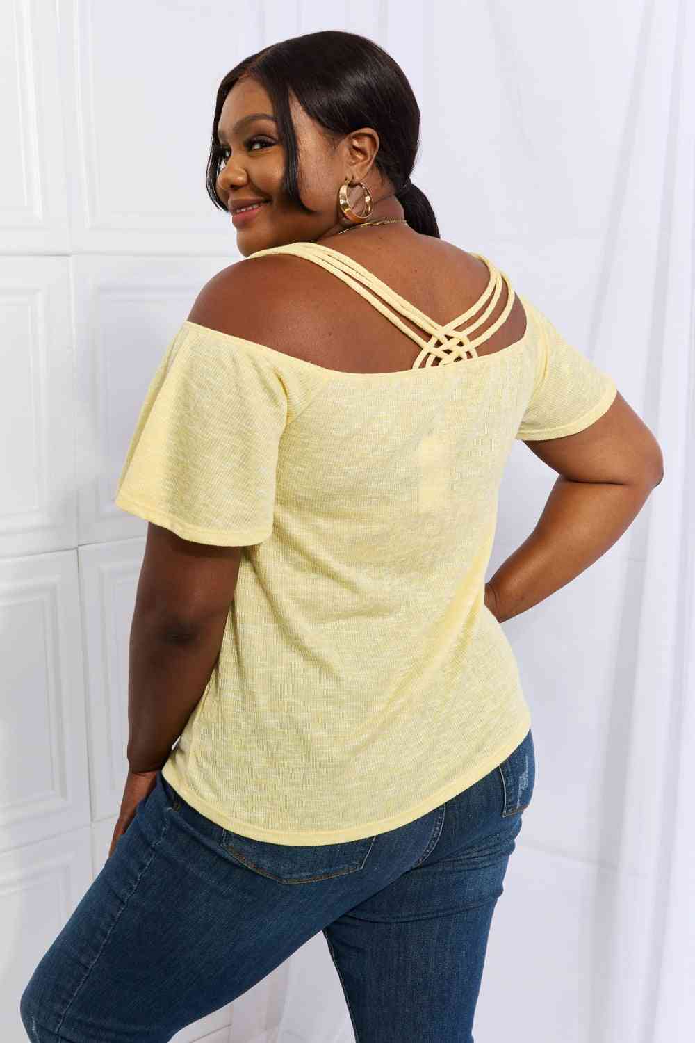 Culture Code On The Move Full Size Off The Shoulder Flare Sleeve Top in Sand Yellow