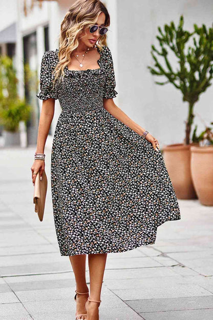 Floral Ruffled Square Neck Dress with Pockets