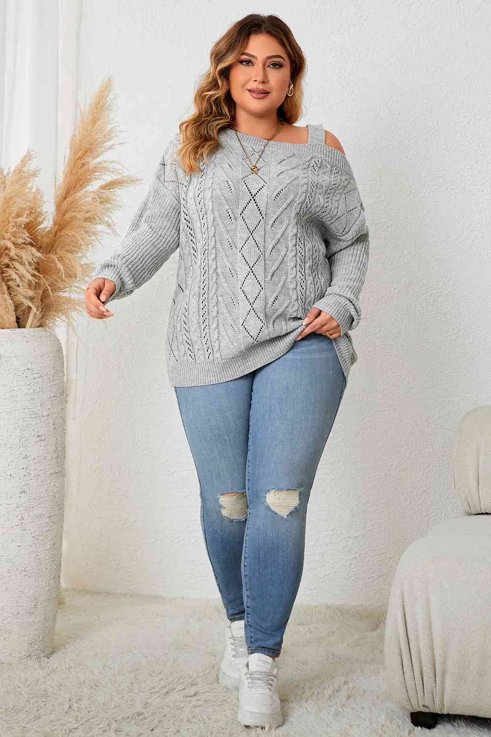 Plus Size Cold Shoulder Asymmetrical Cable-Knit Top