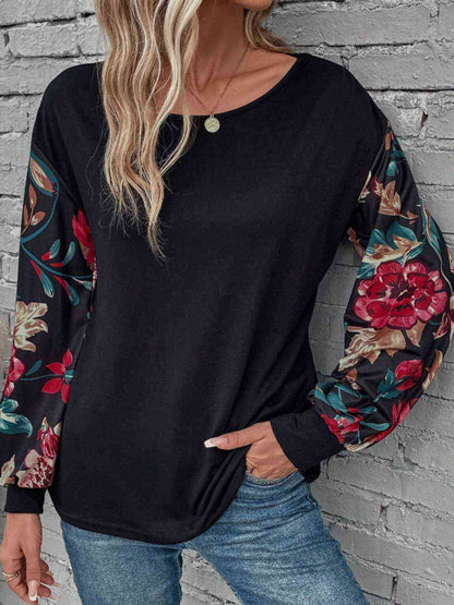 Top floral de manga larga con cuello redondo