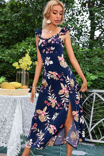 Robe mi-longue fendue à col carré et sans manches à imprimé floral