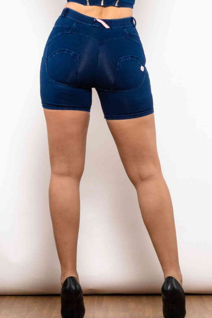 Short en jean boutonné à rayures latérales pleine taille