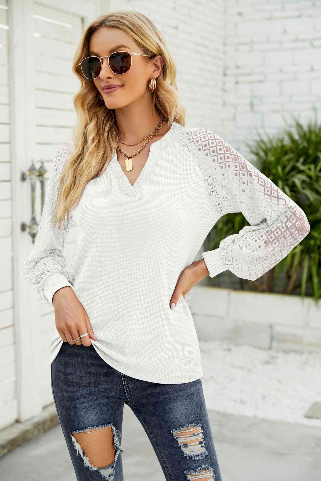 Waffle-Knit Spliced Lace Notched Top