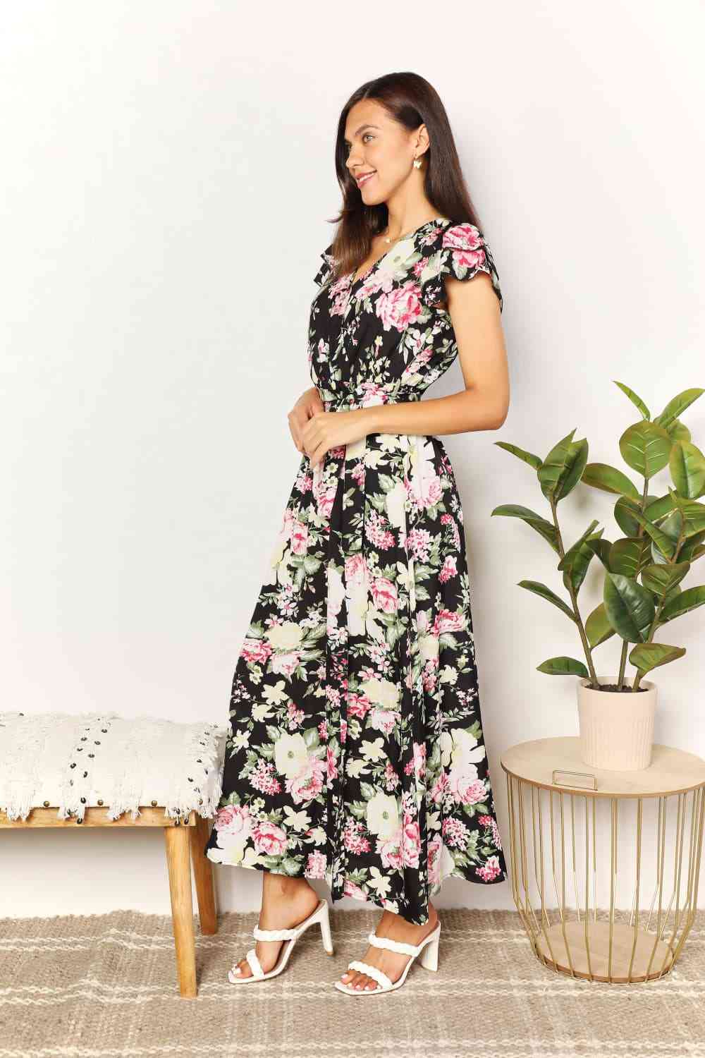 Robe fendue florale à manches flottantes et taille nouée Double Take