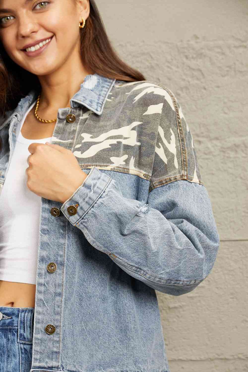 GeeGee Veste contrastée en denim délavé pleine taille