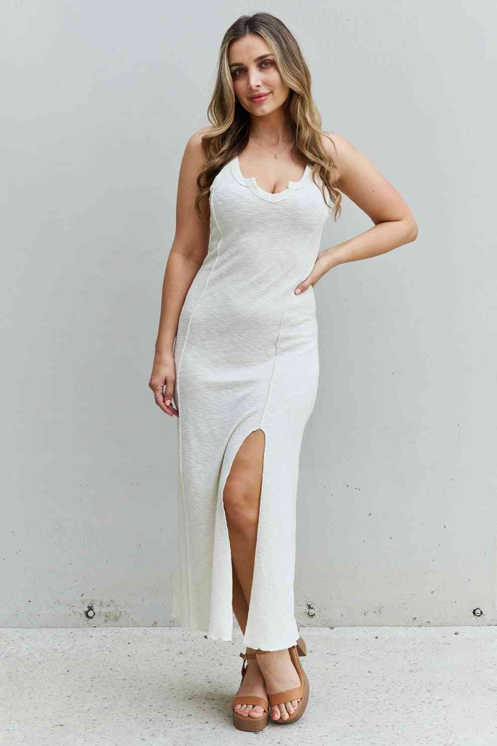 Culture Code Look At Me Full Size Notch Neck Maxi Dress with Slit in Ivory