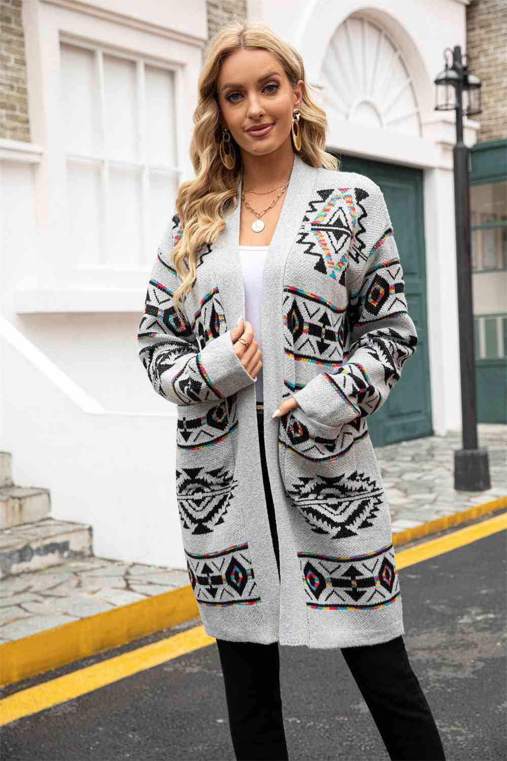 Printed Long Sleeve Cardigan with Pocket
