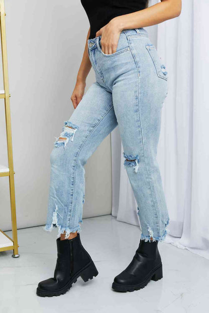 RISEN Full Size Distressed Fringe Hem Cropped Jeans