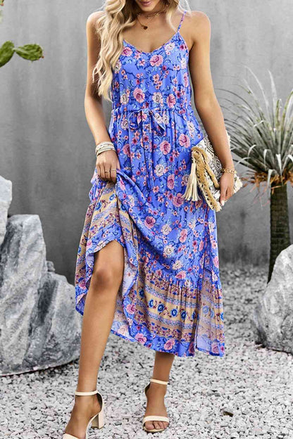 Bohemian Spaghetti Strap Drawstring Slit Dress