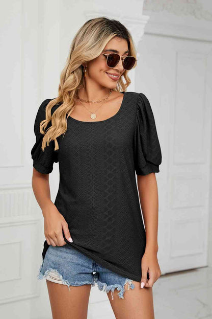 Eyelet Puff Sleeve Round Neck Top