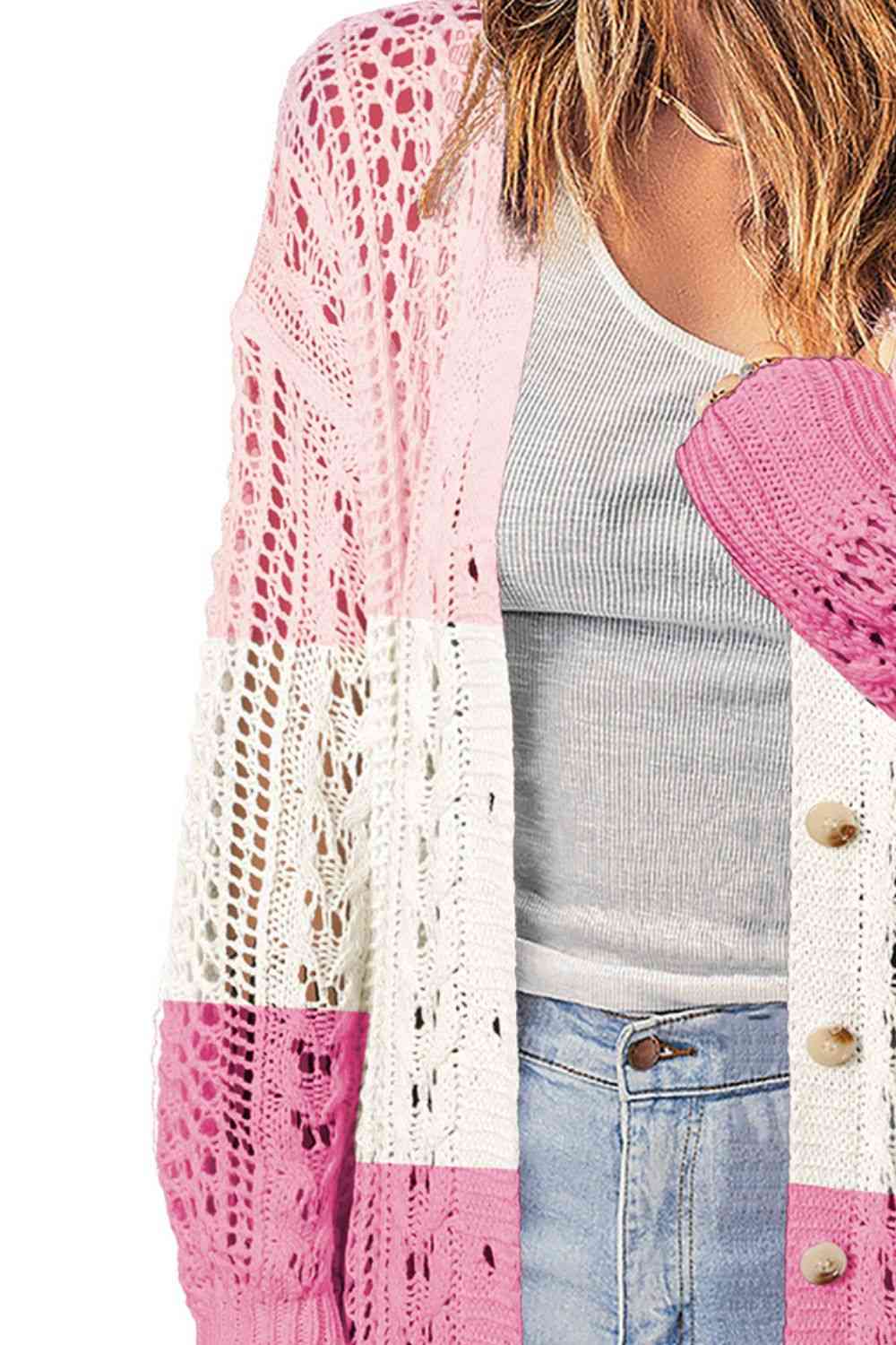 Double Take Openwork Ribbed Cuff Longline Cardigan