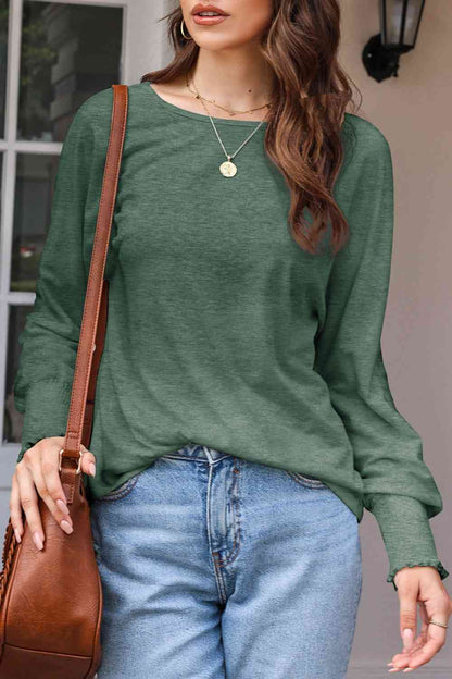 Round Neck Smocked Long Sleeve Blouse