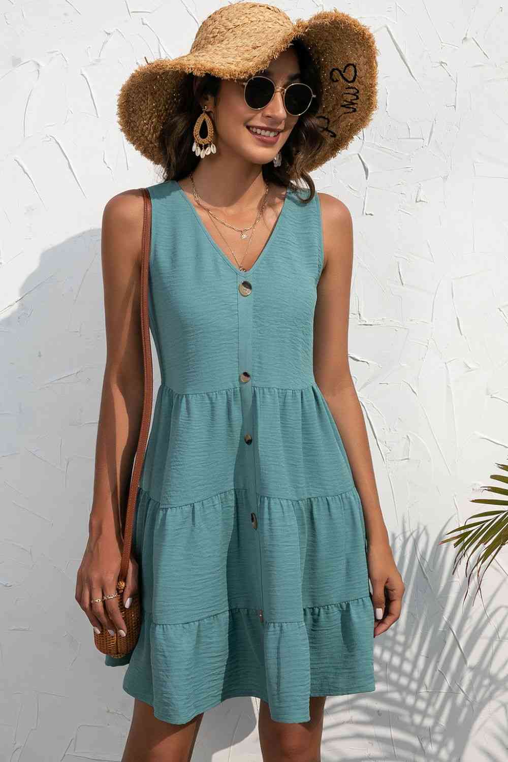 Decorative Button V-Neck Tiered Sleeveless Dress