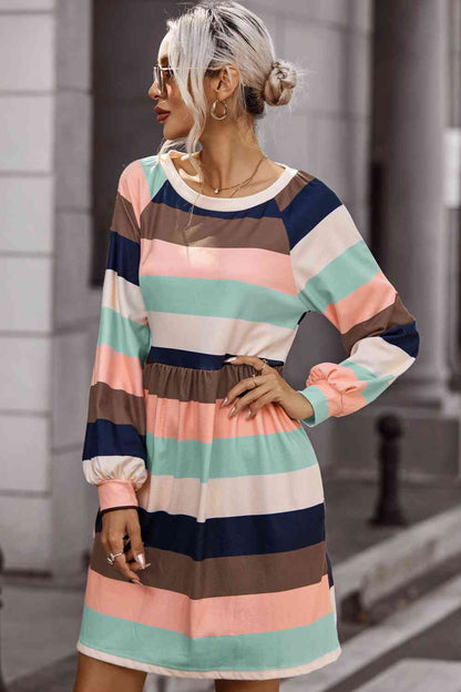 Striped Round Neck Dress with Pockets