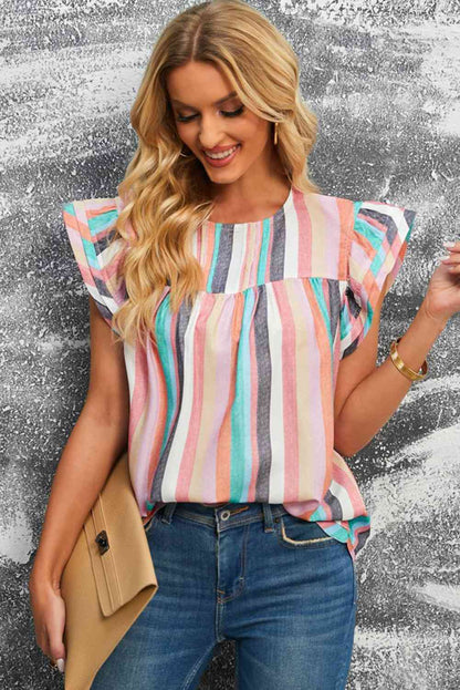 Blusa con mangas onduladas a rayas multicolores