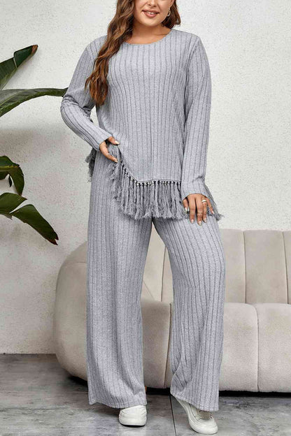 Conjunto de pantalón y top con dobladillo con borlas de talla grande