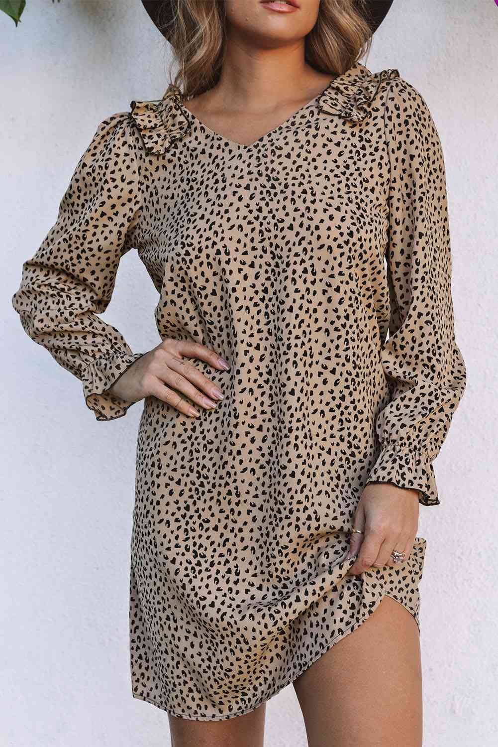 Vestido de manga larga con cuello en V de leopardo