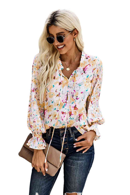 Floral Frill Trim Tie Neck Flounce Sleeve Blouse