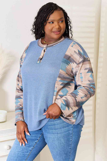 Sew In Love Full Size Waffle Knit Tribal Print Top