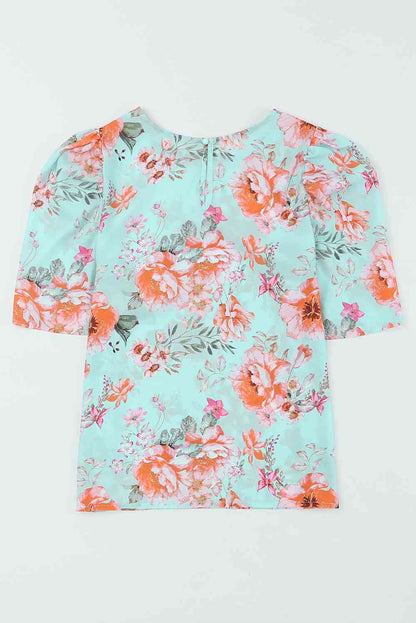 Blusa con cuello redondo y manga abullonada floral de Summer Lover