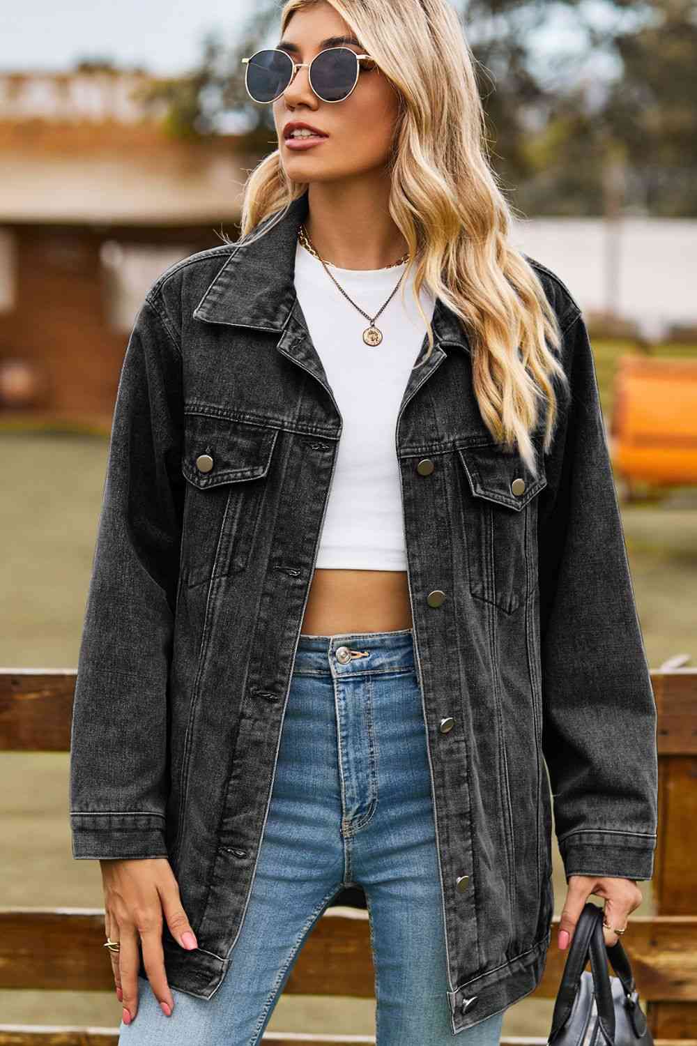 Buttoned Collared Neck Denim Jacket with Pockets