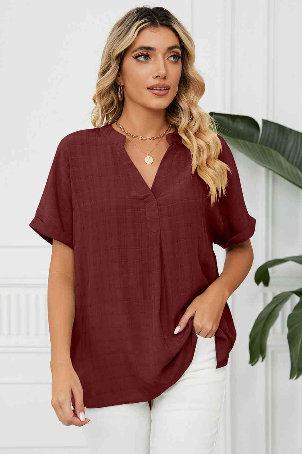 Side Slit Notched Neck Cuffed Short Sleeve Blouse