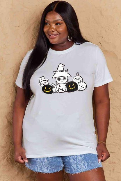 Simply Love T-shirt en coton avec motif chat et citrouille pleine taille