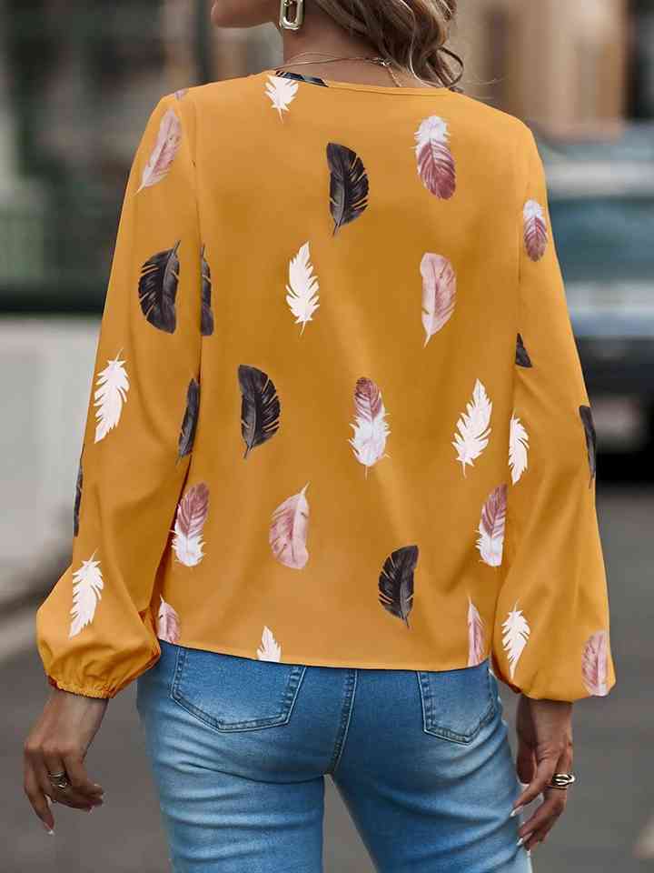 Printed Notched Neck Long Sleeve Blouse