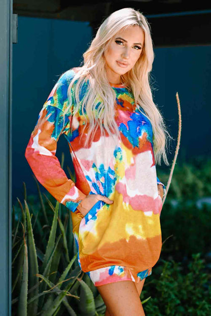 Vestido de manga larga con efecto tie-dye multicolor