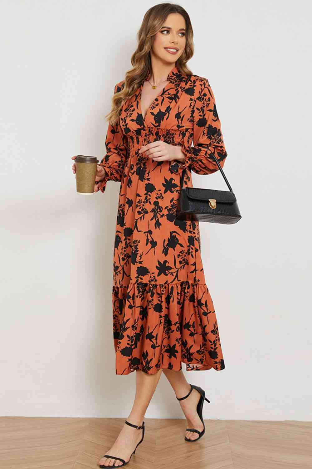 Floral Smocked Long Flounce Sleeve Dress