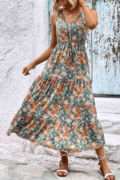 Robe fleurie sans manches à volants et col en V