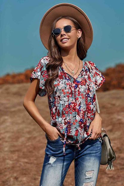 Floral Flutter Sleeve Tie-Neck Blouse