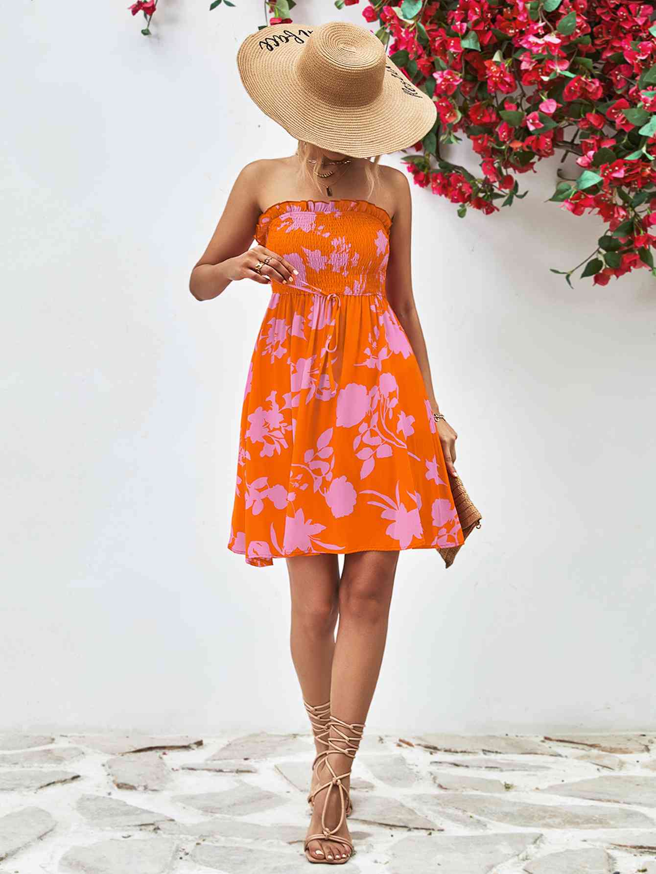 Floral Frill Trim Strapless Smocked Dress