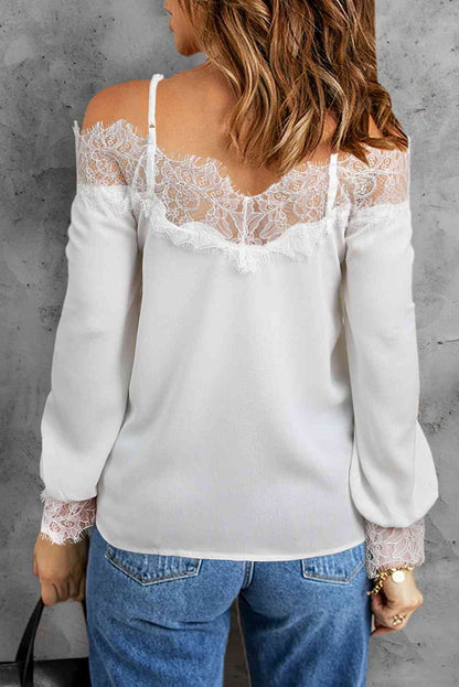 Eyelash Trim Spliced Lace Cold-Shoulder Top