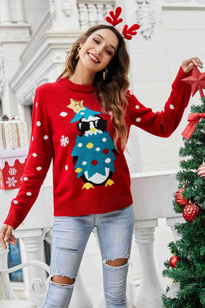 Jersey navideño con lentejuelas y estampado de pingüino