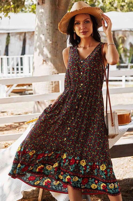 Vestido midi sin mangas con cuello en V estilo bohemio con estampado floral