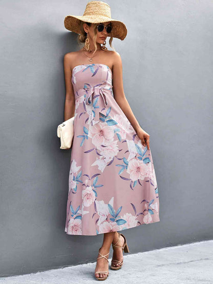 Vestido midi con estampado floral y cintura anudada con cuello recto