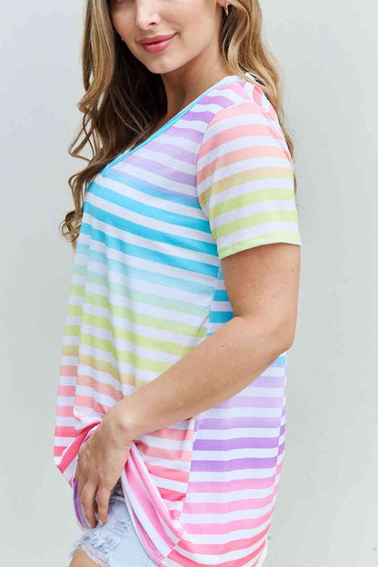 Heimish Out And Proud Full Size Multicolored Striped V-Neck Short Sleeve Top