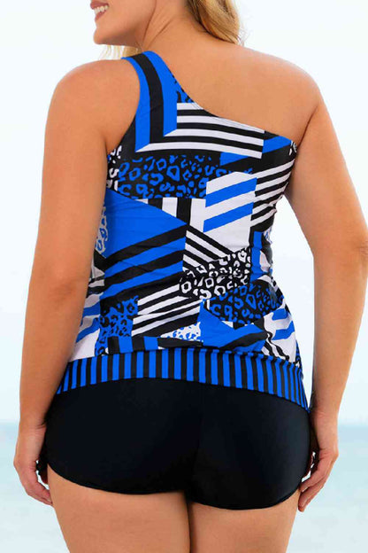 Ensemble de Tankini à Une Epaule Nouée en Patchwork de Grande Taille