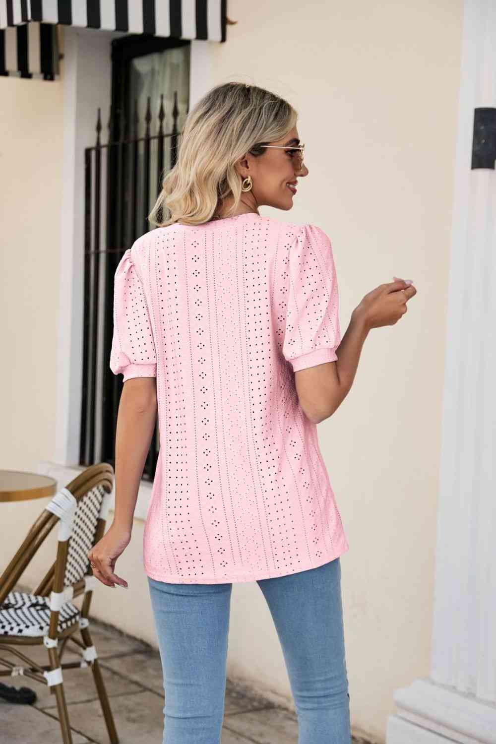 Eyelet Puff Sleeve V-Neck Top