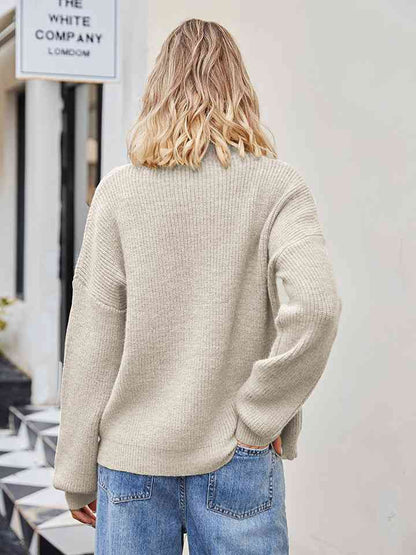 Ribbed Round Neck Dropped Shoulder Knit Top