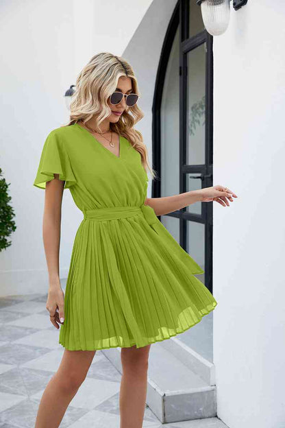 Surplice Neck Tie Waist Flutter Sleeve Pleated Dress